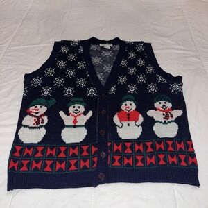Vintage Cabin Creek 80s Blue Christmas Snowman Sweater Vest Size Large